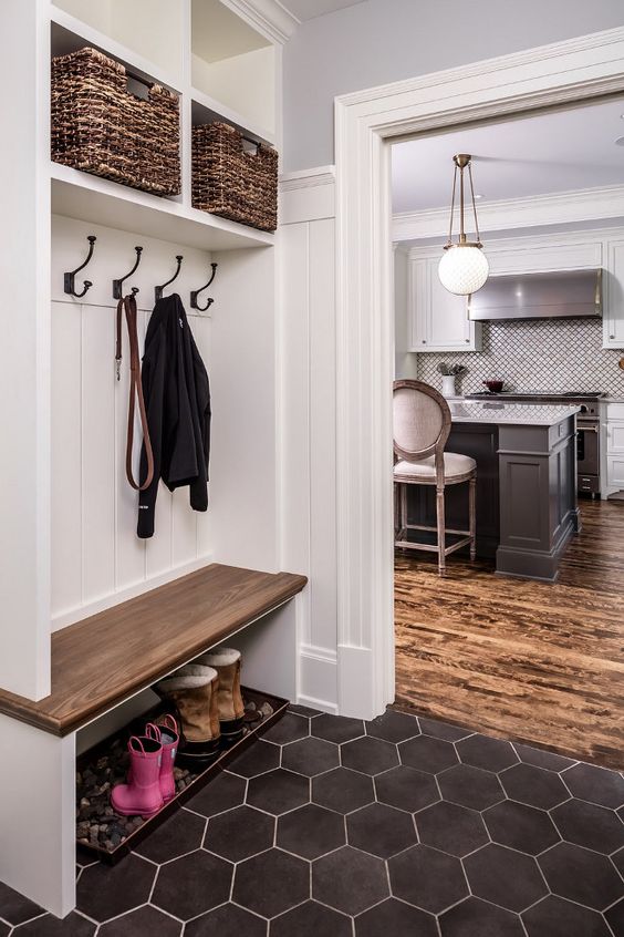 garage mudroom ideas - 18. Mudroom With Black Hexagonal Flooring - Harptimes.com