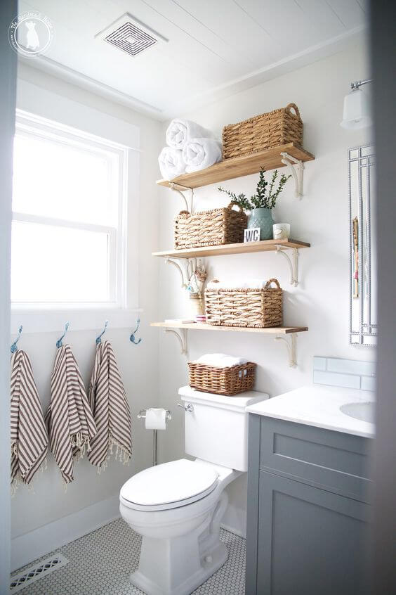Bathroom Storage Ideas Woven Baskets on Floating Shelves - Harptimes.com