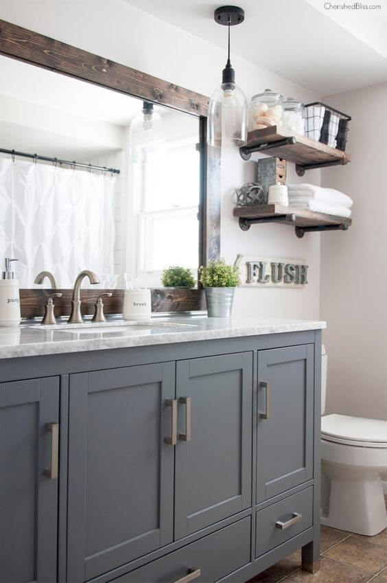 Guest Bathroom Ideas Gray Cabinet and Dark Wood Frame - Harptimes.com