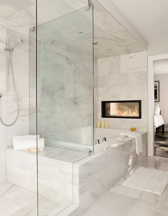 Luxurious Master Bathroom Ideas with Electric Fireplace - Harptimes.com