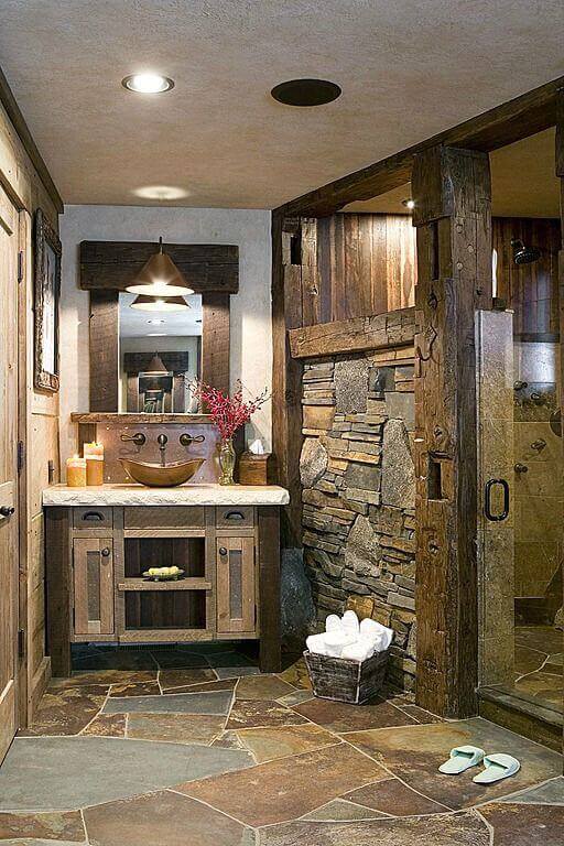 Rustic Master Bathroom Ideas with Artistic Stone Flooring - Harptimes.com