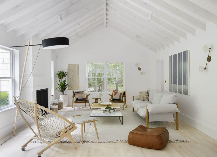 All-White Modern Living Room Ideas with Log Cabin Ceiling