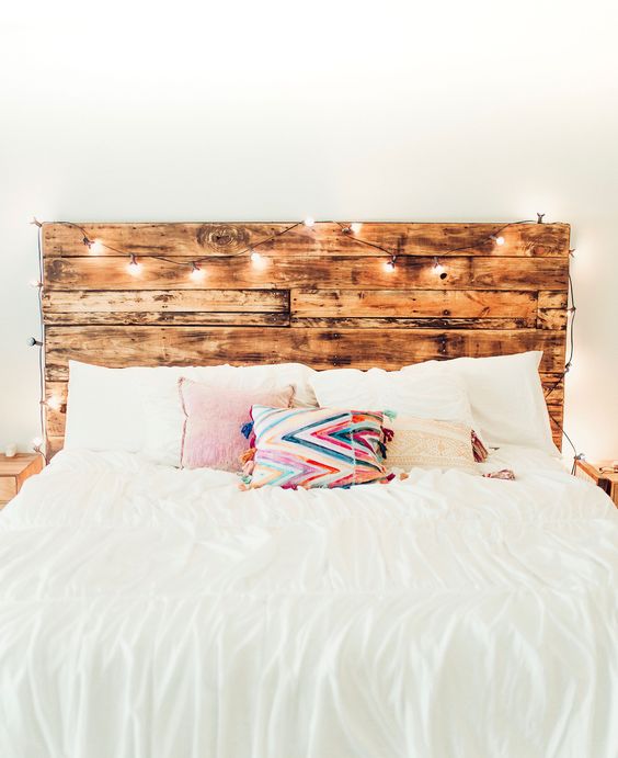 wood headboard with lights