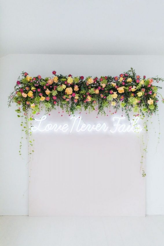 Flower Wall Floral Backdrop with Neon Sign