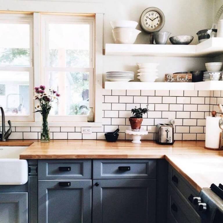 Butcher Block Kitchen Countertop Ideas with gray cabinets